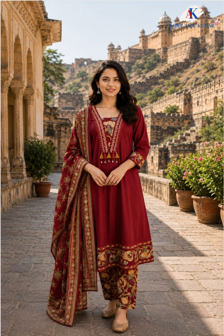Mehroon Pure Cotton Anarkali Set with Coordinated Dupatta