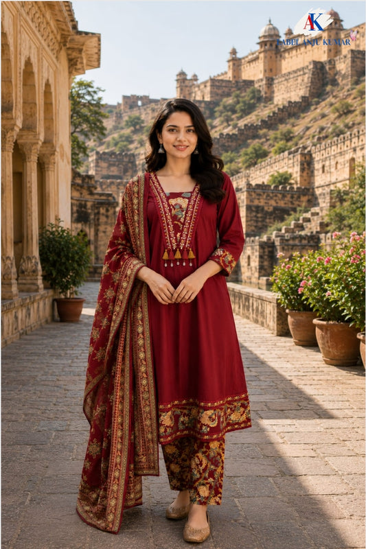 Mehroon Pure Cotton Anarkali Set with Coordinated Dupatta