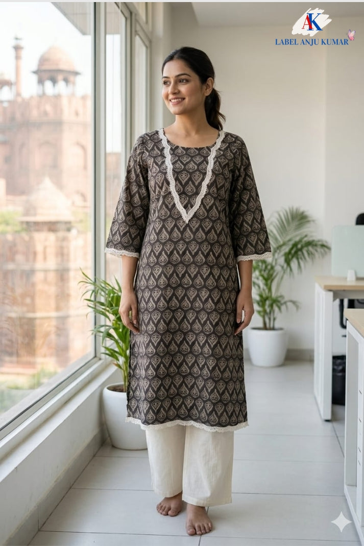 Mouse Colour Pure Cotton Printed Long Kurti for Women