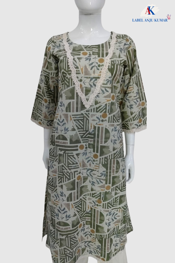 Pista Green Pure Cotton Printed Long Kurti with Lace Detailing