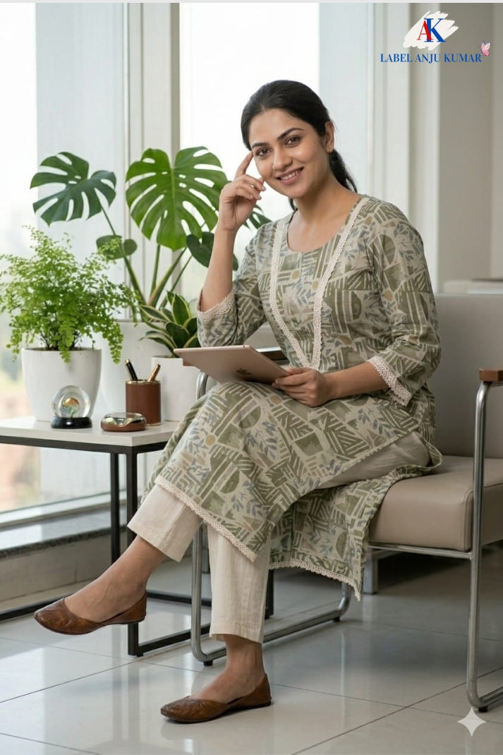 Pista Green Pure Cotton Printed Long Kurti with Lace Detailing