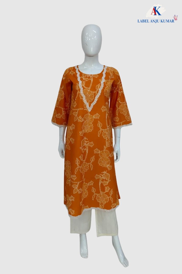 Light Orange Pure Cotton Printed Long Kurti for Women