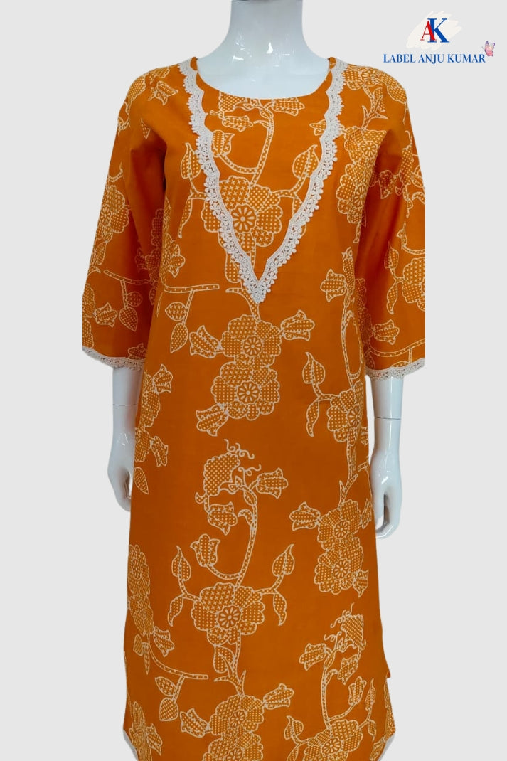 Light Orange Pure Cotton Printed Long Kurti for Women