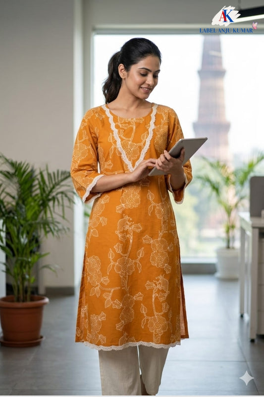 Light Orange Pure Cotton Printed Long Kurti for Women