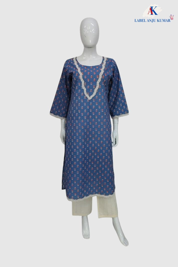 Sky Blue Pure Cotton Printed Long Kurti for Everyday Wear