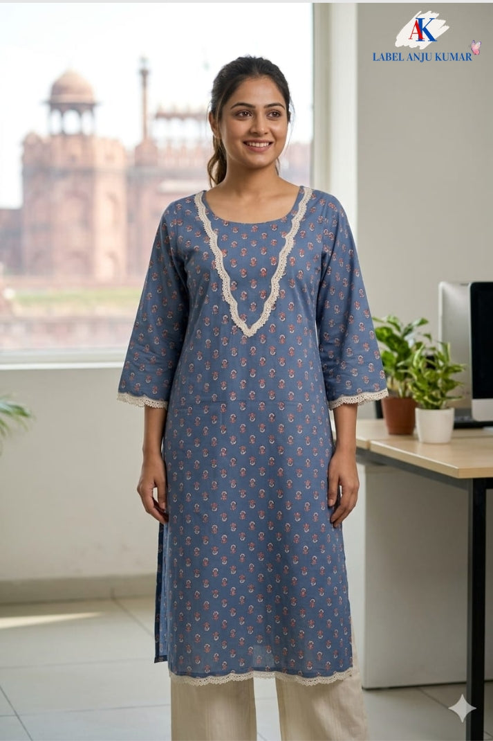 Sky Blue Pure Cotton Printed Long Kurti for Everyday Wear
