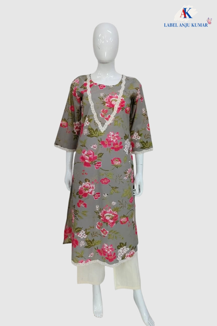 Grey Pure Cotton Printed Long Kurti with Elegant Lace Work