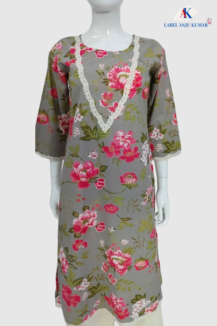 Grey Pure Cotton Printed Long Kurti with Elegant Lace Work