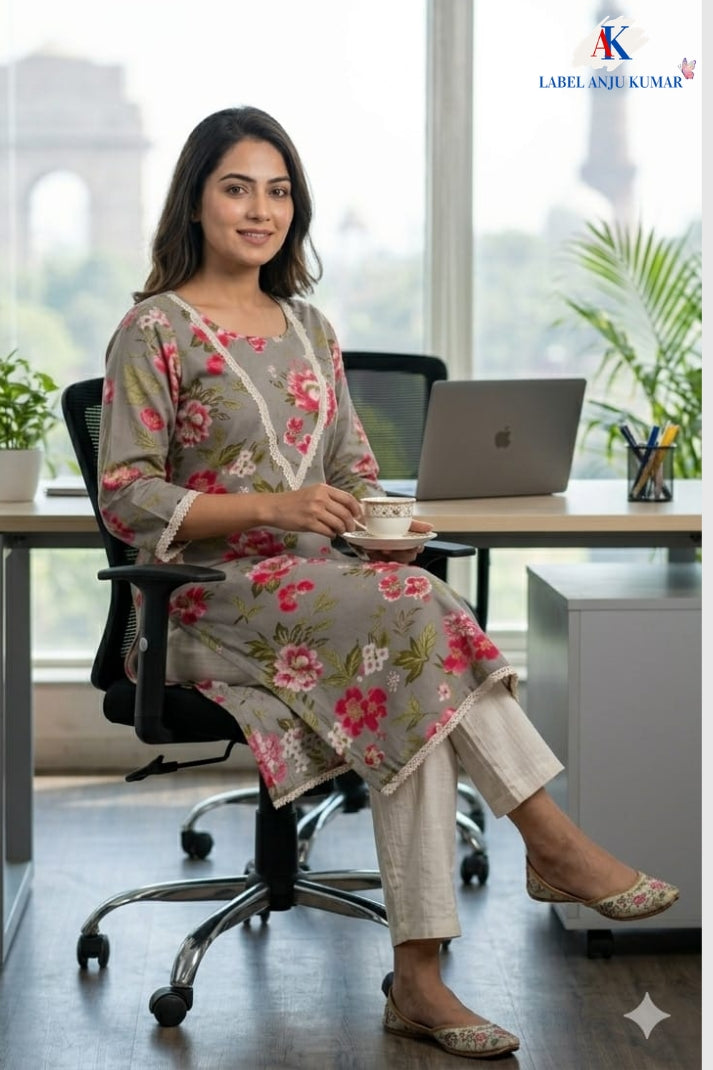 Grey Pure Cotton Printed Long Kurti with Elegant Lace Work
