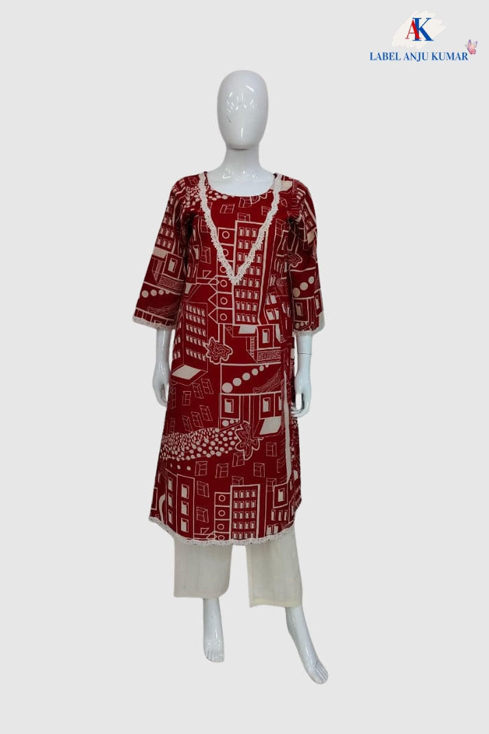 Red Pure Cotton Printed Long Kurti for Women