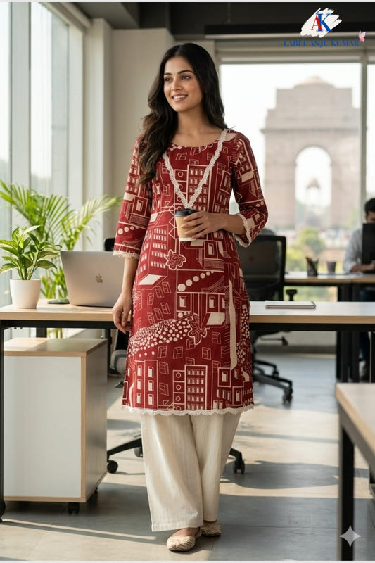Red Pure Cotton Printed Long Kurti for Women