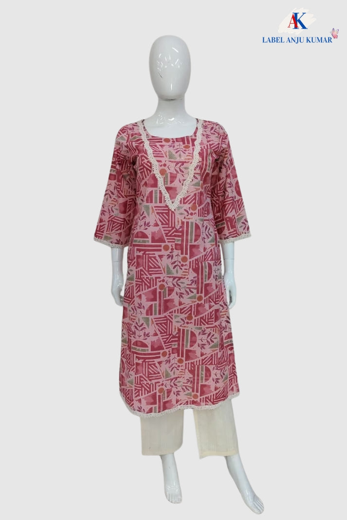 Pink Pure Cotton Printed Long Kurti with Lace Detailing