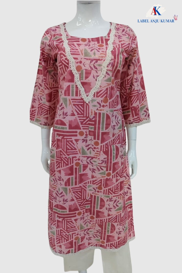 Pink Pure Cotton Printed Long Kurti with Lace Detailing