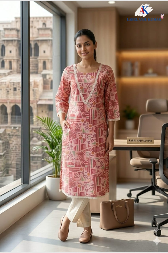 Pink Pure Cotton Printed Long Kurti with Lace Detailing
