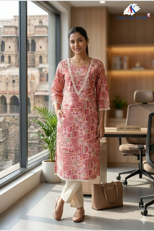 Pink Pure Cotton Printed Long Kurti with Lace Detailing