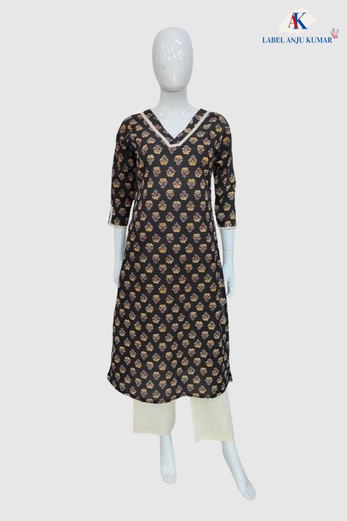 Black Pure Cotton Printed Long Kurti for Women