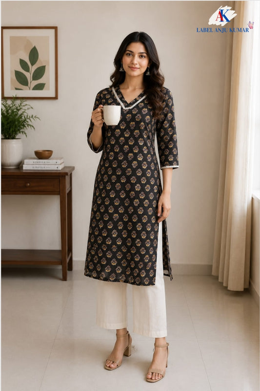 Black Pure Cotton Printed Long Kurti for Women
