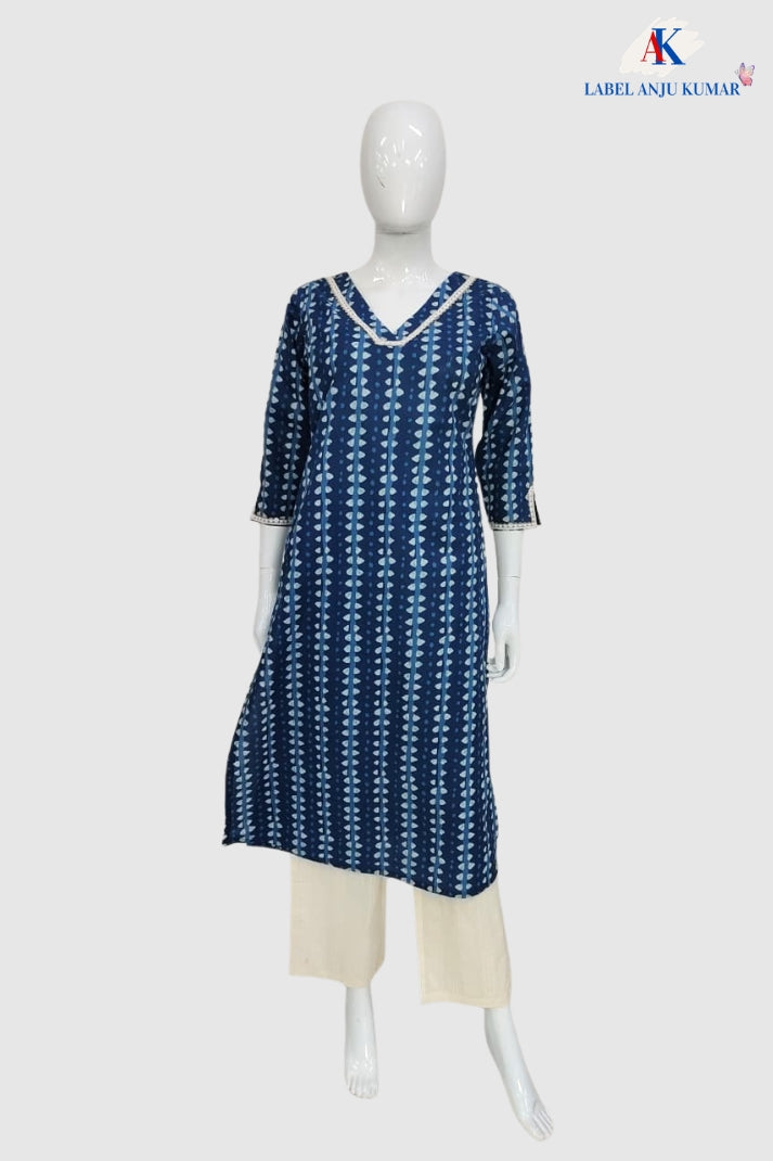 Blue Pure Cotton Printed Long Kurti for Everyday Wear