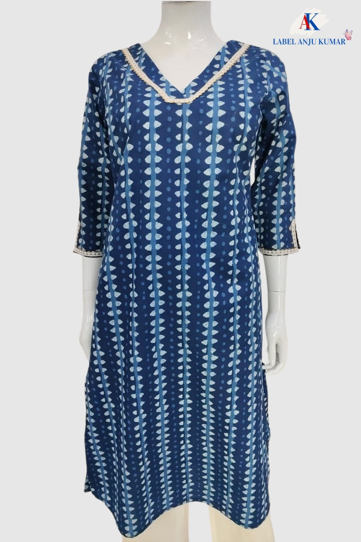 Blue Pure Cotton Printed Long Kurti for Everyday Wear