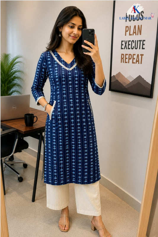Blue Pure Cotton Printed Long Kurti for Everyday Wear