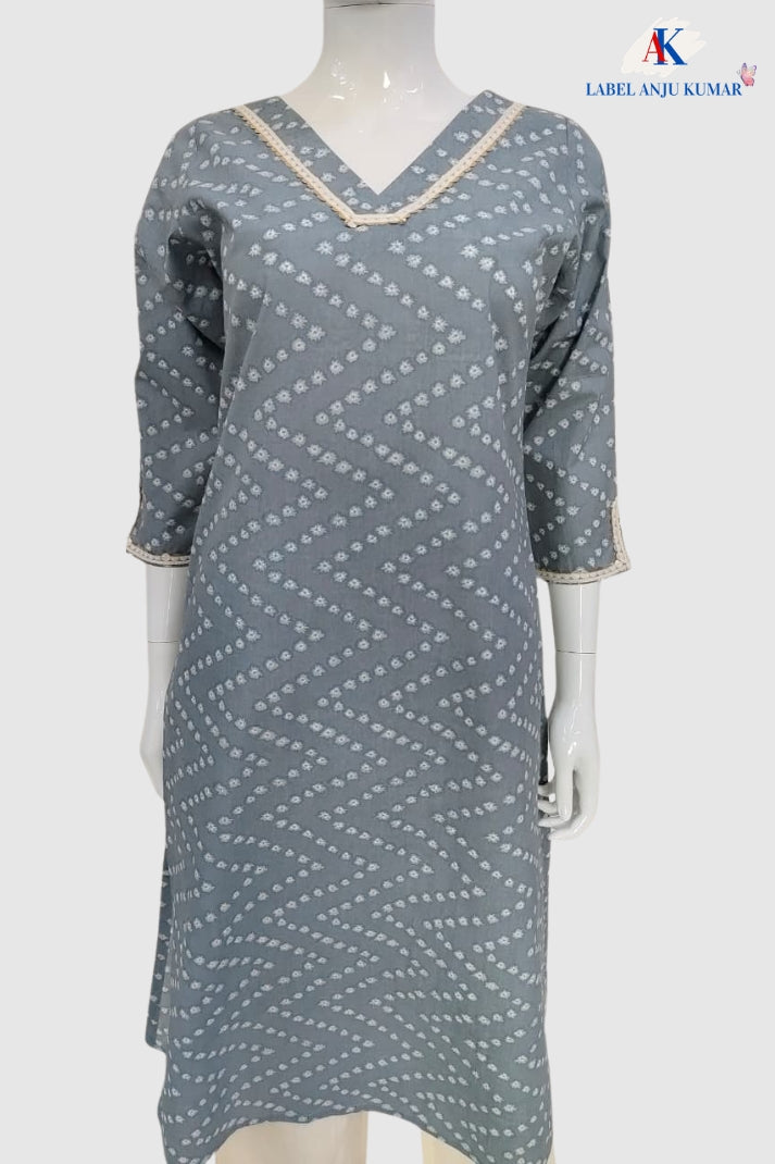 Grey Pure Cotton Long Kurti with Lace Detailing