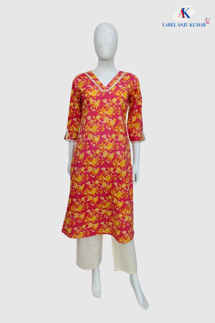 Peach Pure Cotton Printed Long Kurti with Pocket