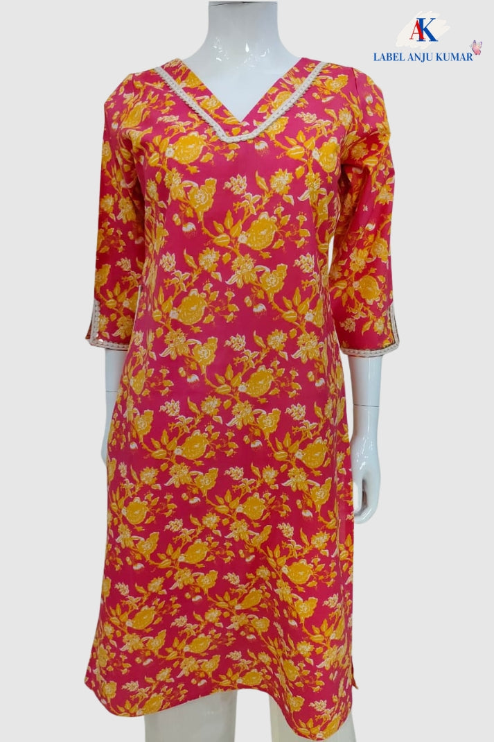 Peach Pure Cotton Printed Long Kurti with Pocket