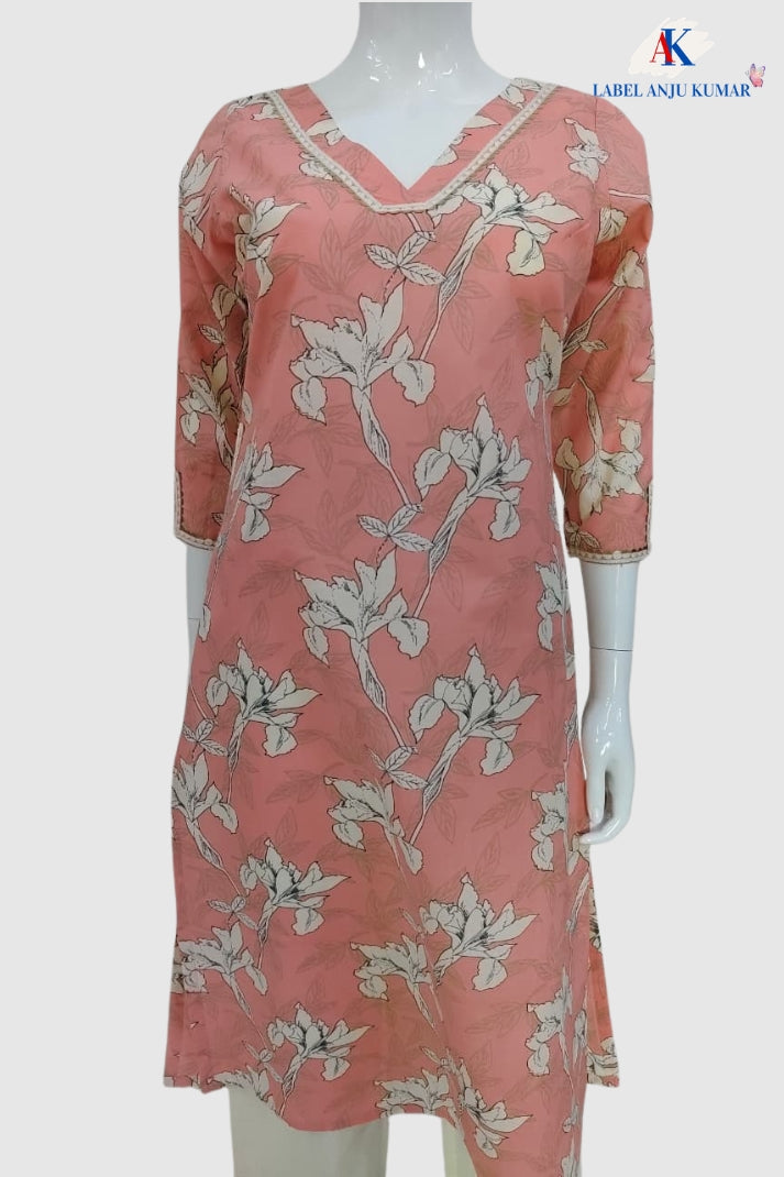 Pink Pure Cotton Long Kurti for Women with Pocket
