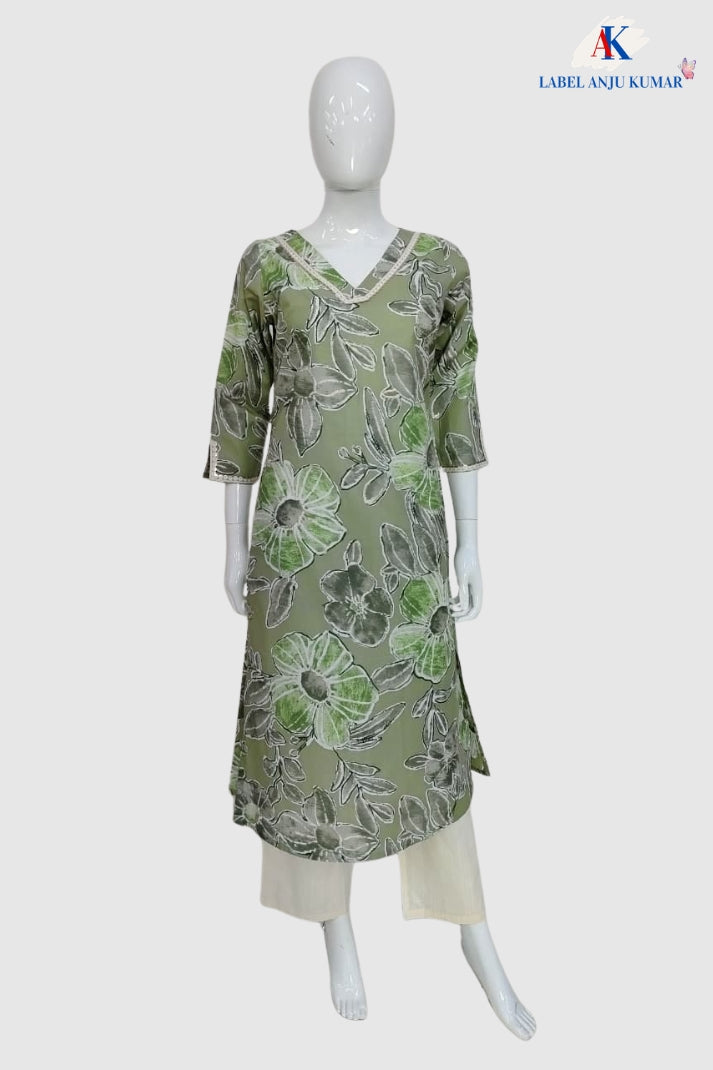 Pista Green Pure Cotton Printed Long Kurti with Lace Work