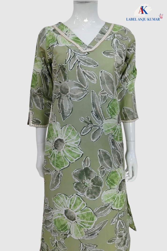 Pista Green Pure Cotton Printed Long Kurti with Lace Work