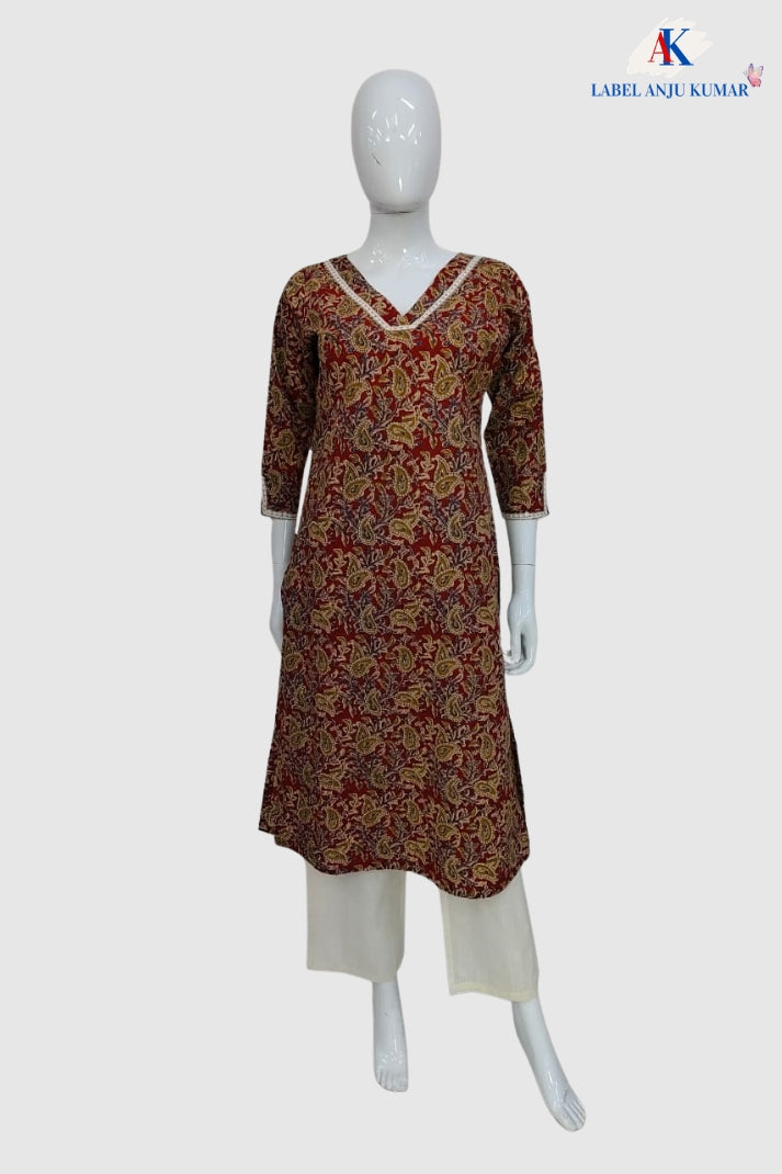 Red Pure Cotton Printed Long Kurti with Pocket & Lace Detailing