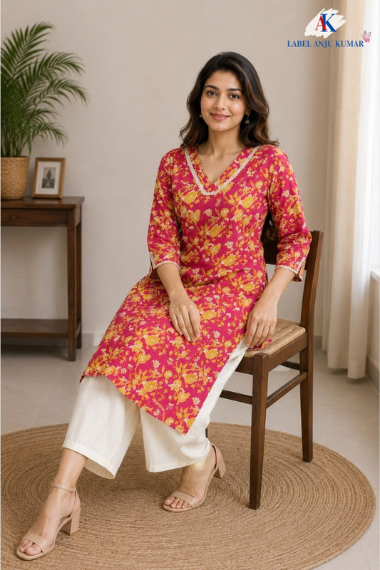 Peach Pure Cotton Printed Long Kurti with Pocket