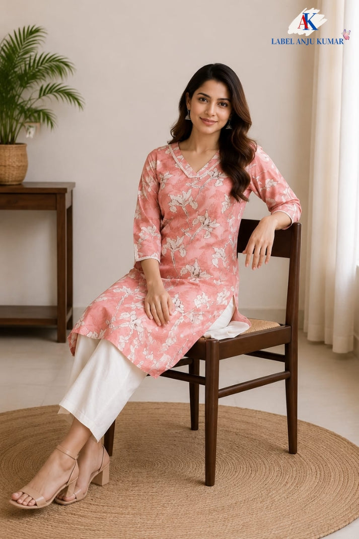 Pink Pure Cotton Long Kurti for Women with Pocket