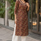 Red Pure Cotton Printed Long Kurti with Pocket & Lace Detailing