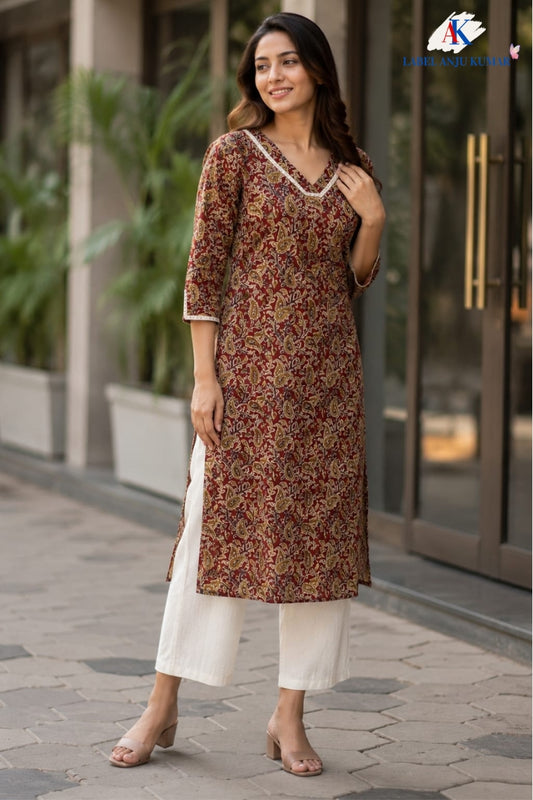 Red Pure Cotton Printed Long Kurti with Pocket & Lace Detailing