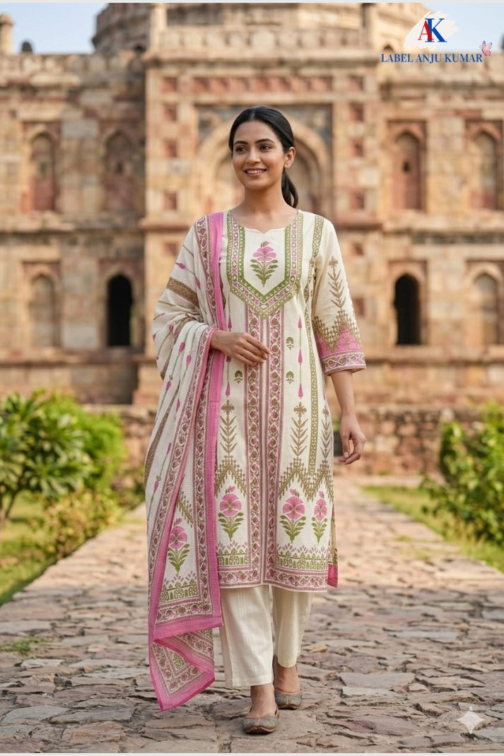Pink Pure Cotton Hand Block Print Suit Dupatta Set