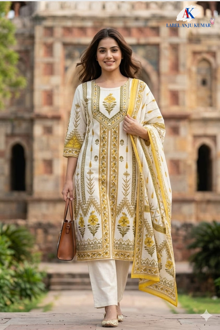 Lemon Pure Cotton Straight Suit Set with Kota Doria Dupatta