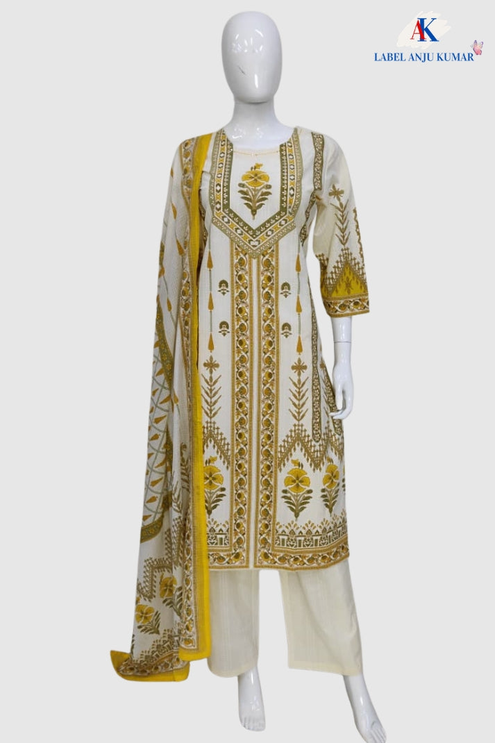 Lemon Pure Cotton Straight Suit Set with Kota Doria Dupatta