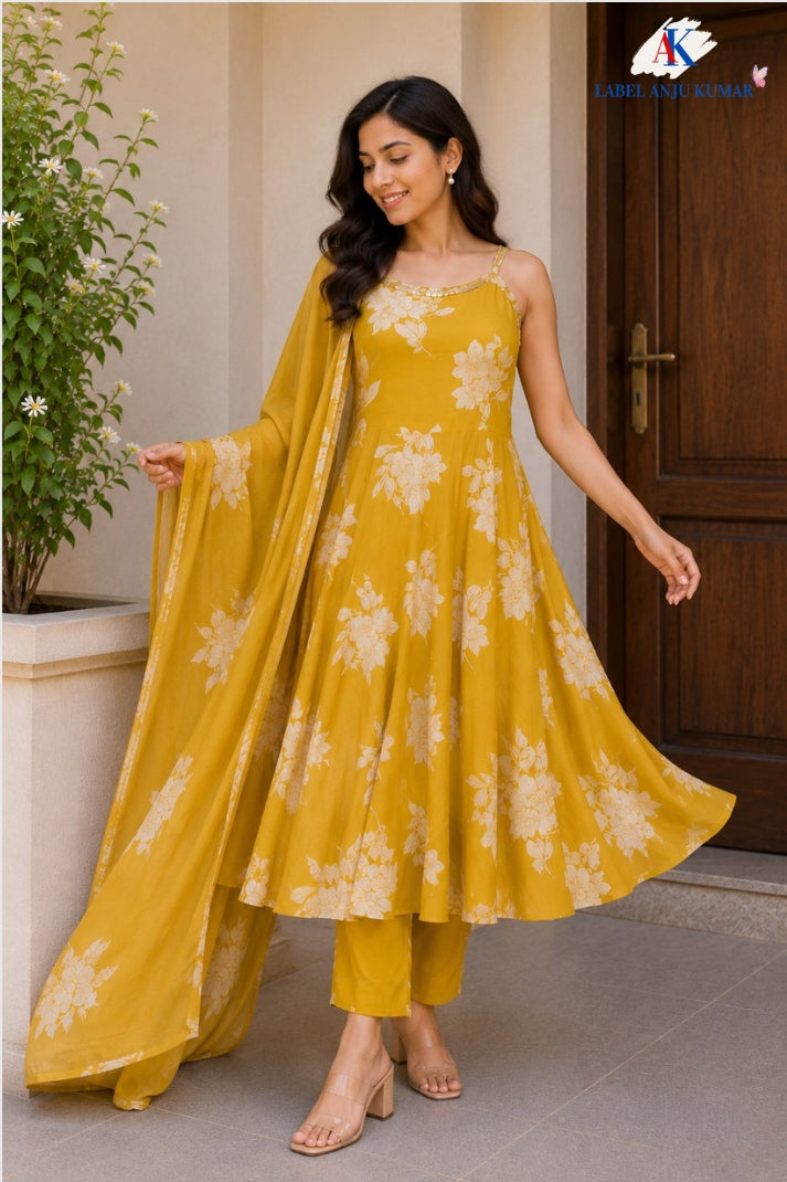 Mustard Pure Cotton Spaghetti Style Anarkali Suit Dupatta Set