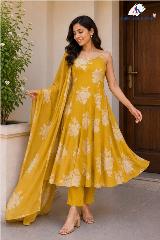 Mustard Pure Cotton Spaghetti Style Anarkali Suit Dupatta Set