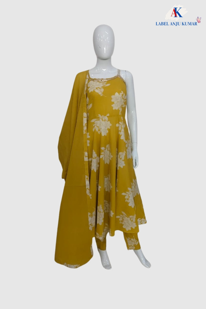 Mustard Pure Cotton Spaghetti Style Anarkali Suit Dupatta Set
