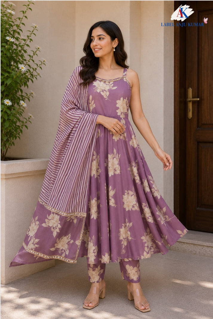 Lilac Pure Cotton Spaghetti Style Suit Dupatta Set