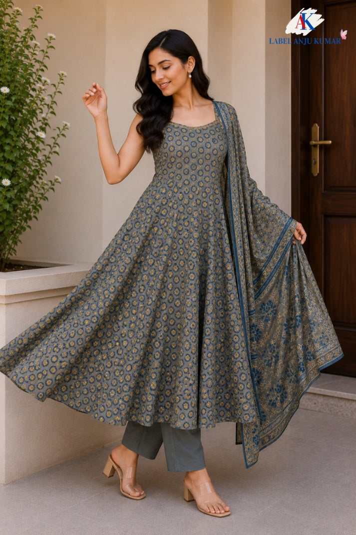 Grey Pure Cotton Anarkali Suit Set with Dupatta