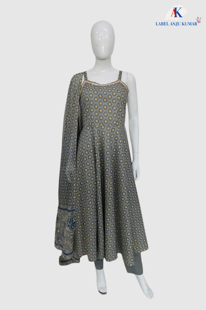 Grey Pure Cotton Anarkali Suit Set with Dupatta
