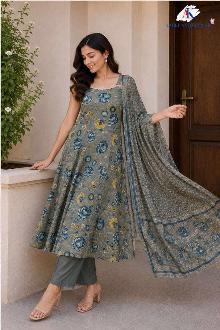 Grey Pure Cotton Anarkali Suit Set with Dupatta