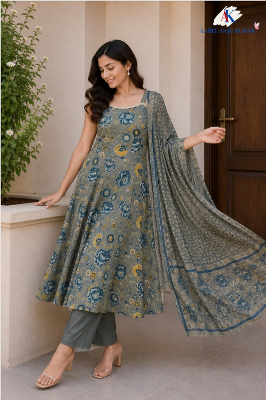 Grey Pure Cotton Anarkali Suit Set with Dupatta