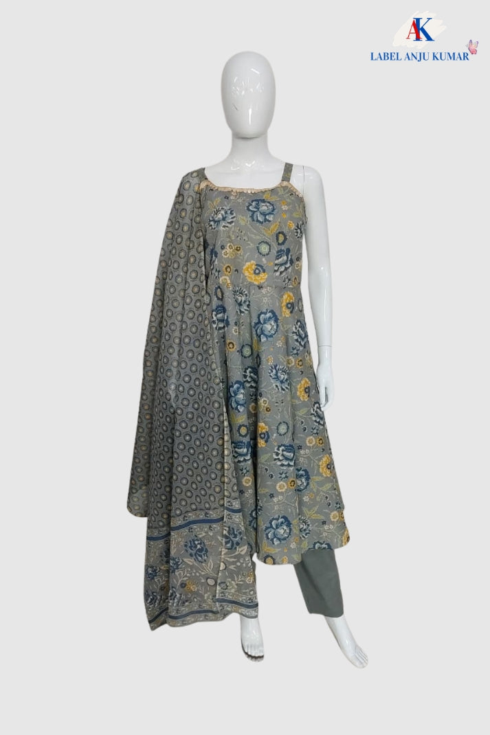 Grey Pure Cotton Anarkali Suit Set with Dupatta