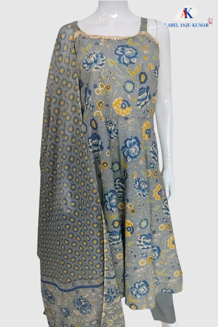 Grey Pure Cotton Anarkali Suit Set with Dupatta