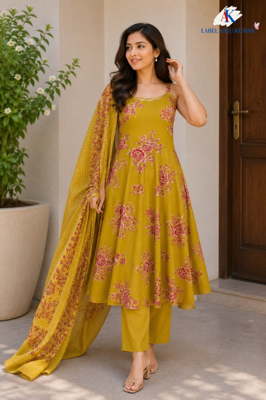 Mustard Pure Cotton Spaghetti Style Anarkali Suit Dupatta Set