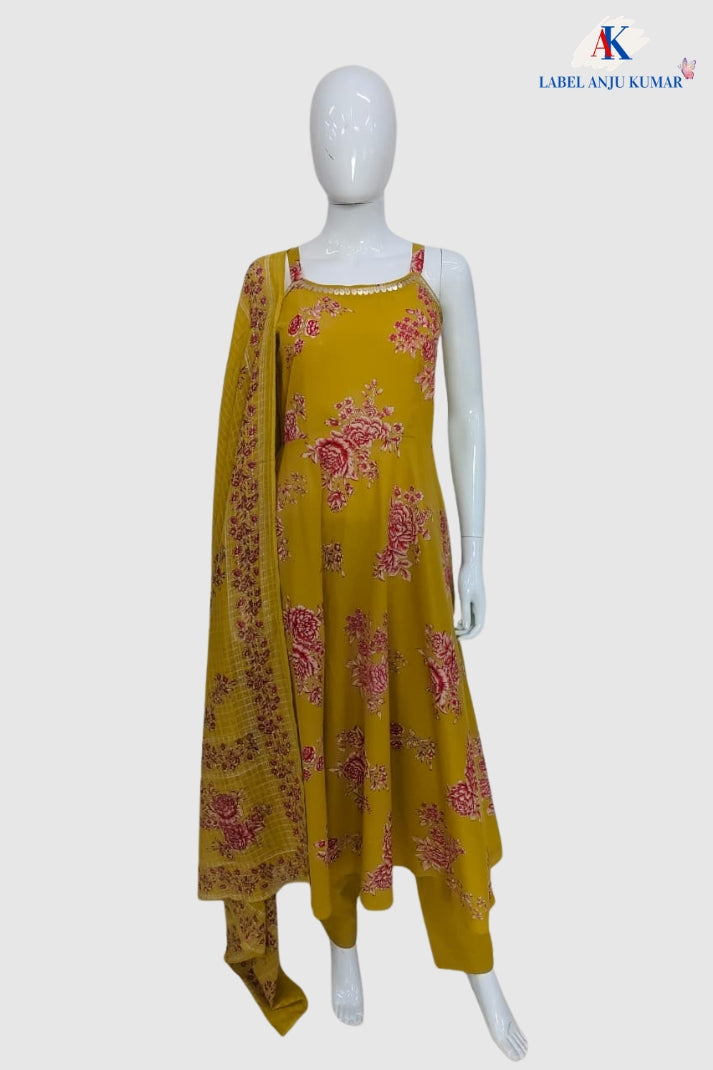 Mustard Pure Cotton Spaghetti Style Anarkali Suit Dupatta Set